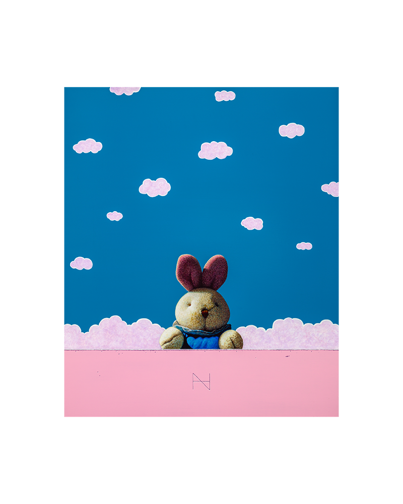 Rabbit over the wall (Blue sky, light pink wall)